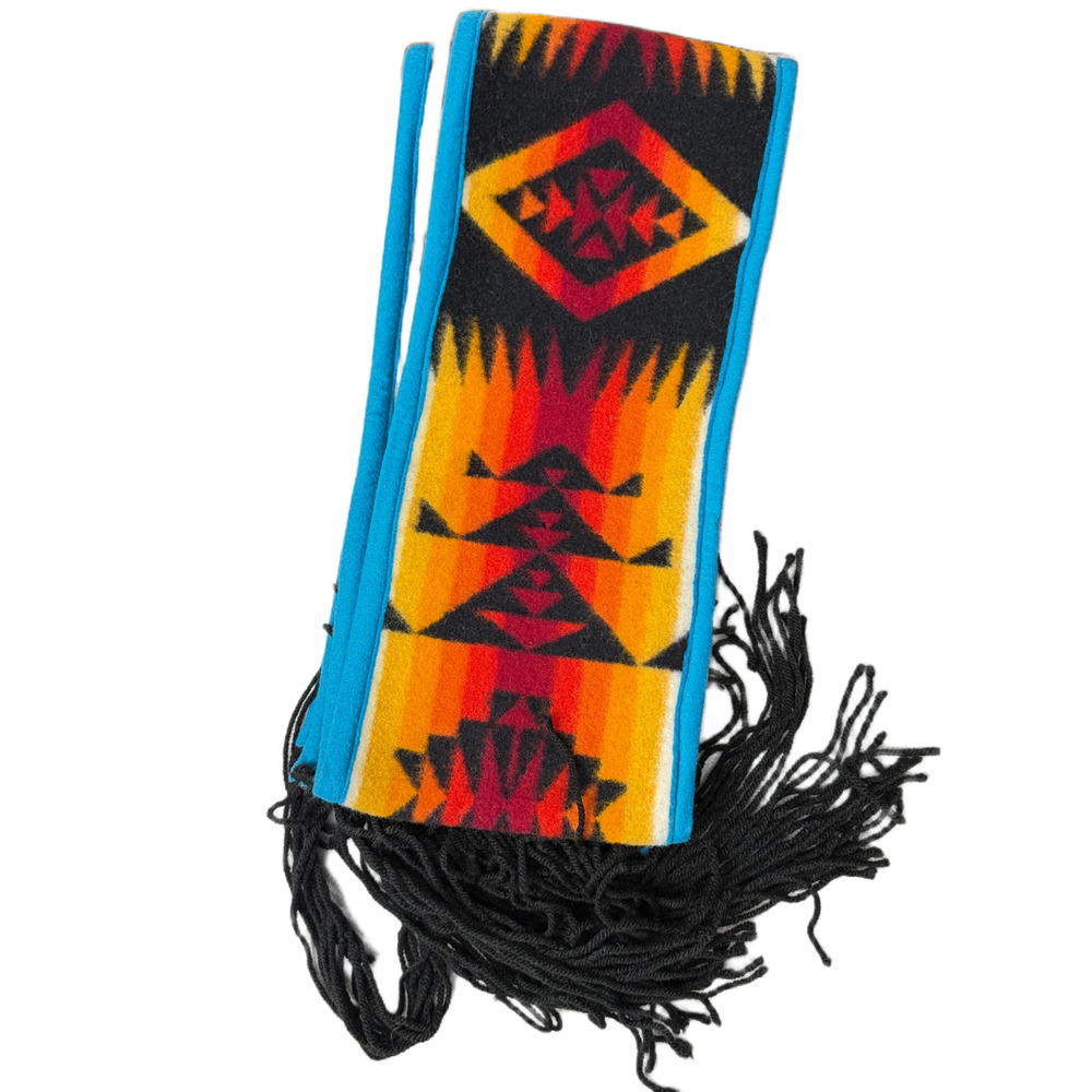 Aztec Blanket Scarf Chief Joseph Southwest Blue Orange Fringe 7x83" *Moth Holes